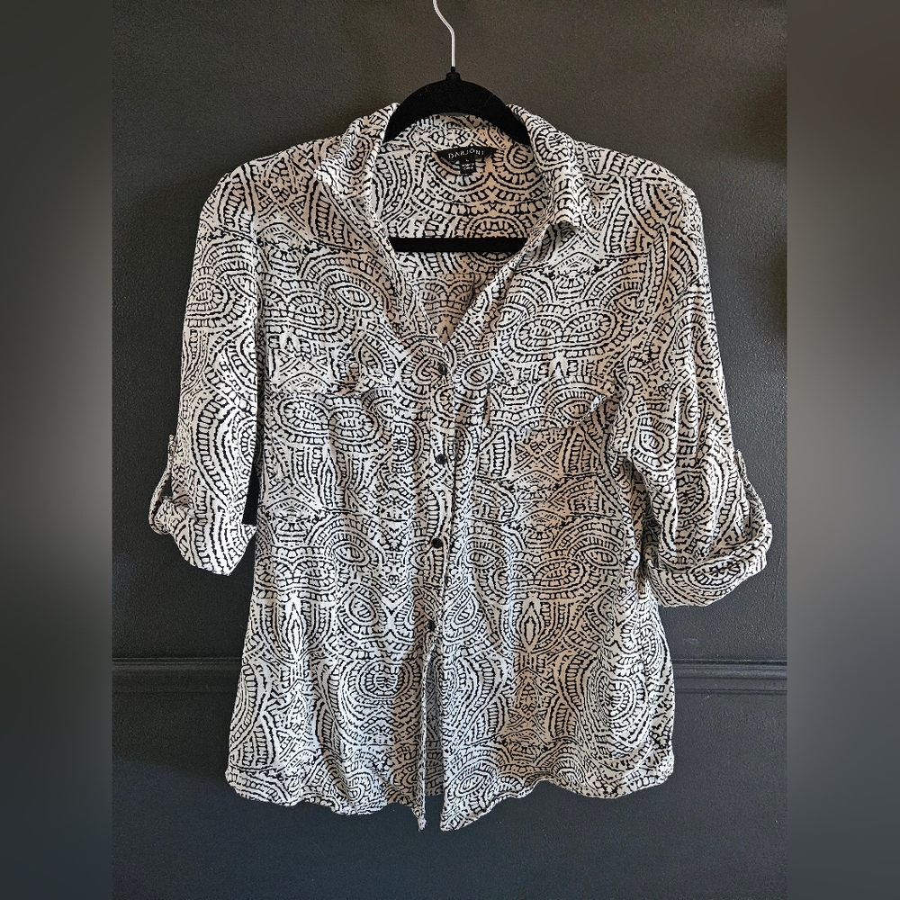 Black and White Patterned Linen Blend Women's Shirt